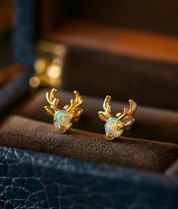Deer Opal Stud Earrings, Animal Earrings, Rose Gold Silver Studs, White Fire Opal Nature Stag Deer Head, Christmas Gift, Animal Lover Gift