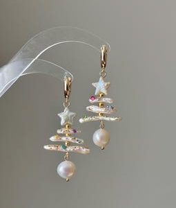 Holiday special natural freshwater baroque star pearl biwa pipa christmas tree dangle earring,gift for her,christmas gift