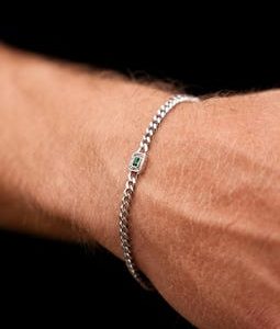 Silver Green Vintage Gem Bracelet 4mm Curb Chain Bracelet For Men, Mens Gemstone Bracelet Emerlad Charm - Mens Jewelry By Twistedpendant