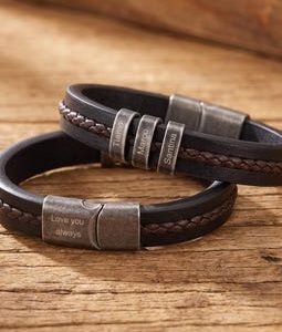Personalized Mens Braided Leather Bracelet, Custom Dad Bracelet with Kids Name, Family Name Bracelet, Christmas Fathers Day Gift for Husband
