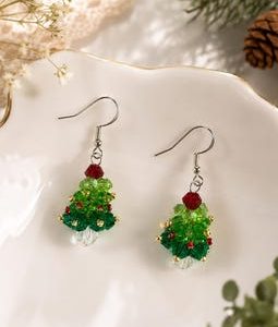 Beaded Christmas Tree Earrings, Holiday Crystal Earrings, Green Red Christmas Earrings, Festive Dangle Earrings, Christmas Jewelry Gift