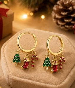 925 Sterling Silver Christmas Earrings, Gold Plated Holiday Jewelry, Christmas Tree Candy Cane Earrings, Gift for Women