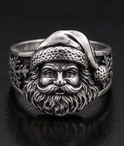 Oxidized Sterling Silver Santa Signet Ring, Carved Face, Snowflake Band, Holiday Jewelry